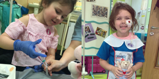 Millie pictured with her teddy bear to help her understand the treatment she was having at Glasgow Children’s Hospital Charity