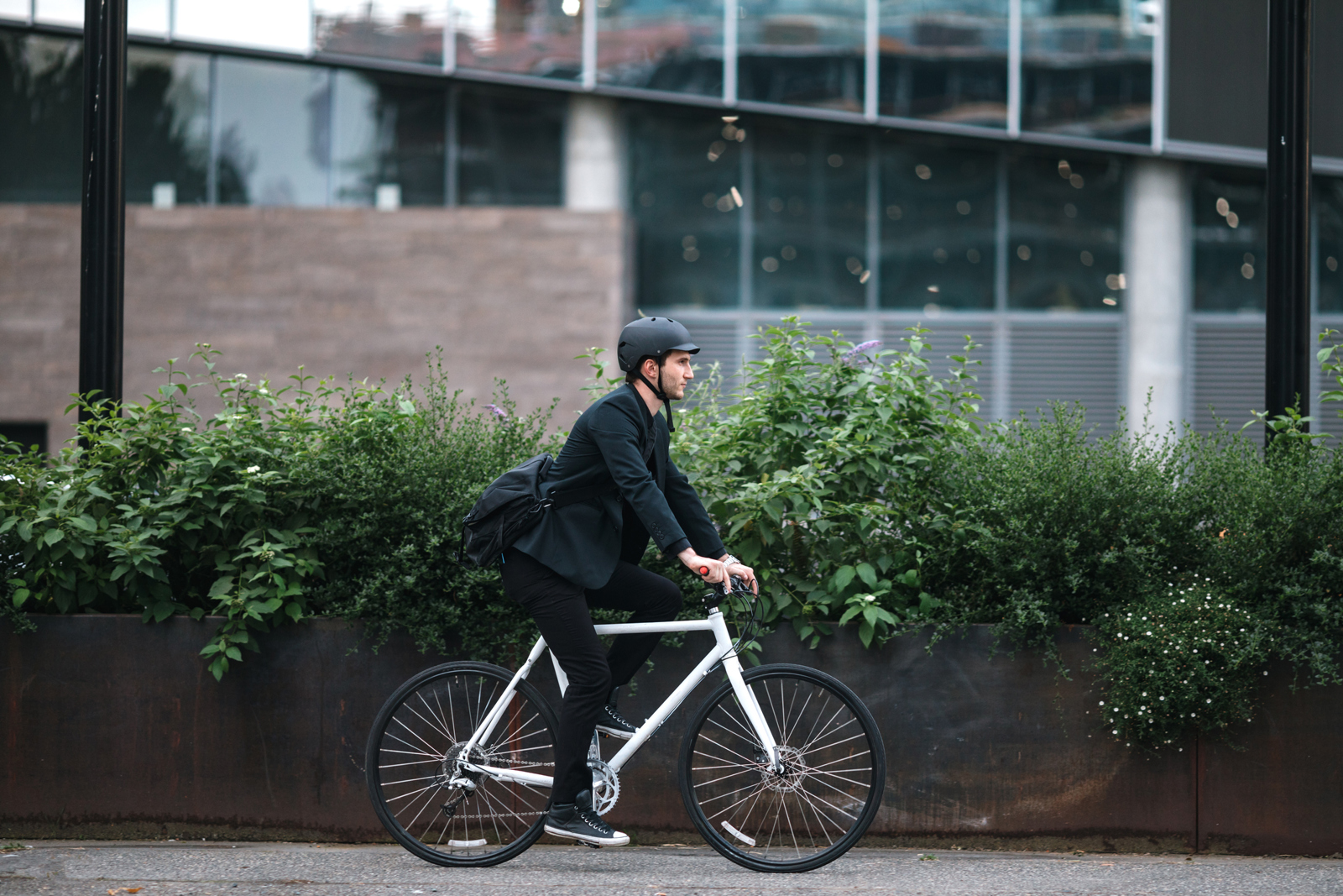 Man riding bicycle in city