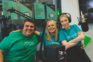 Three Radio Ardonagh presenters, getting ready to go on air for Go Green Day