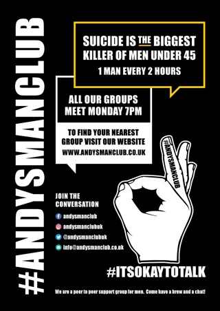 Poster featuring details of how Andy's Man Club can support they're peers