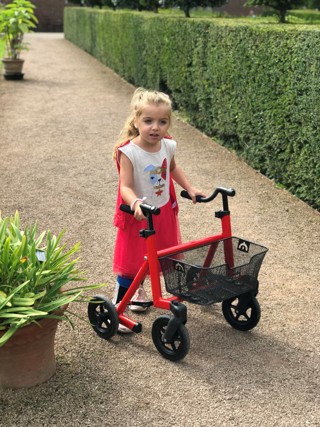 Lilac walks with the support of her walker in garden