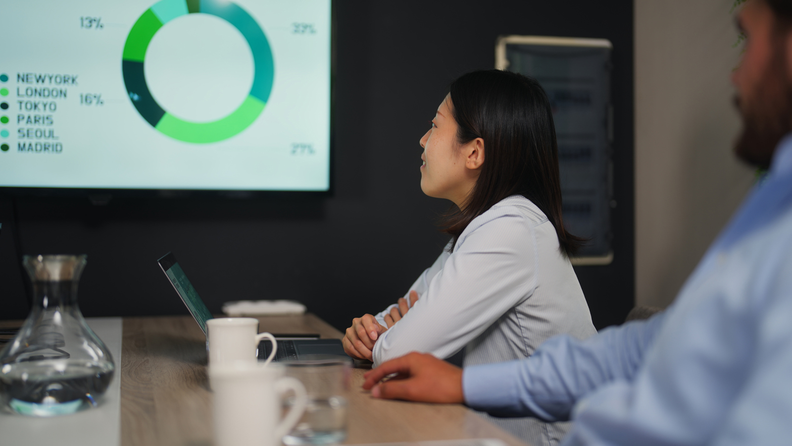 Woman looking at presentation on datapoints